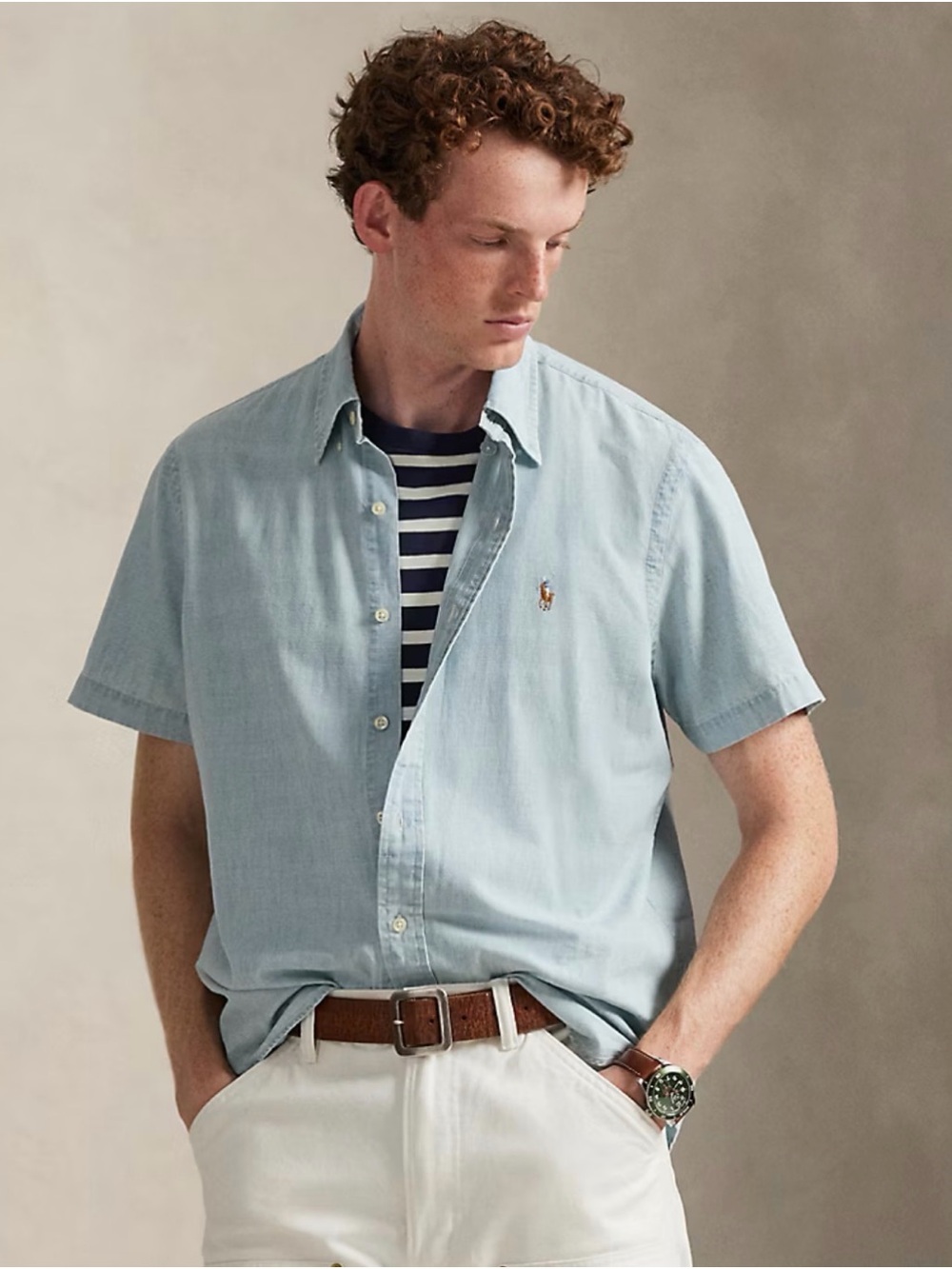 Ralph Lauren Light Blue Short-Sleeve Button-Down Denim Classic Fit Chambray top